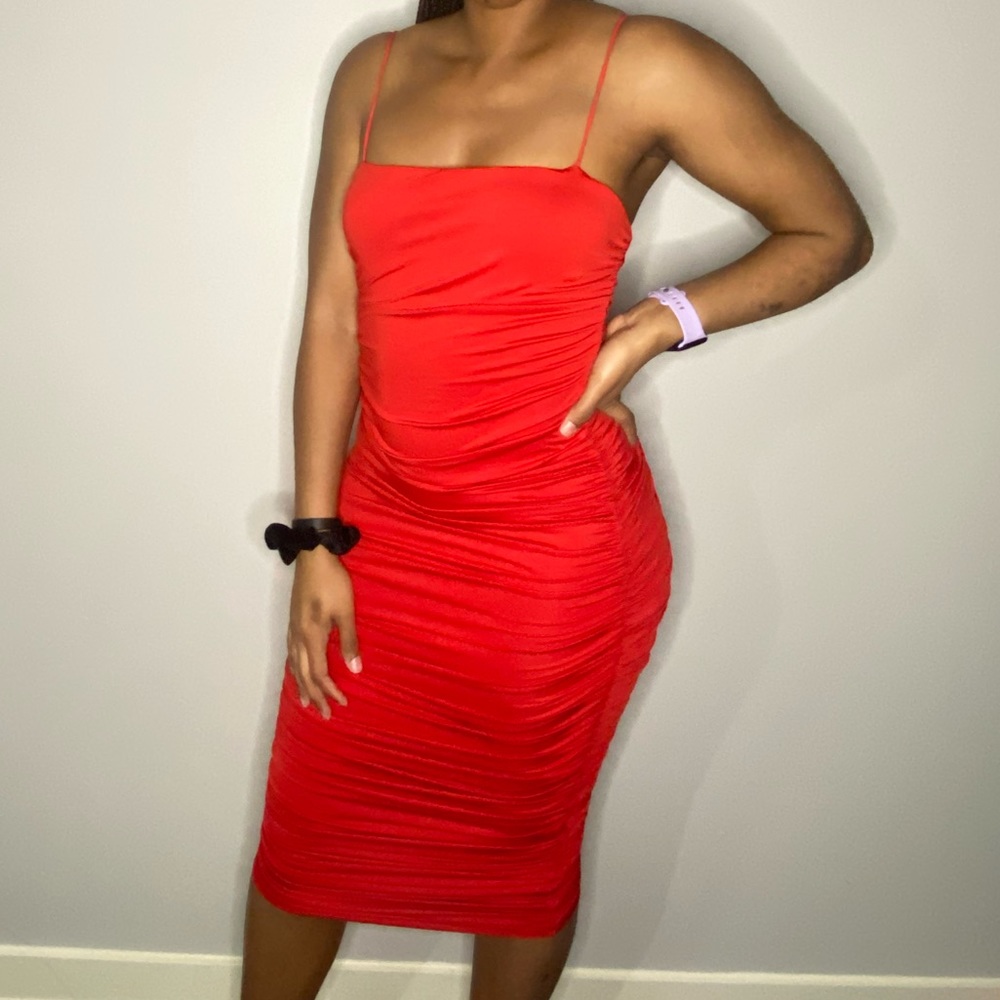 Red ruched midi dress with spaghetti straps